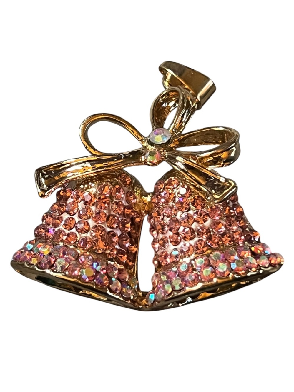 Vintage AB Pink Rhinestone Bell Bow Pendant in Gold Tone Juliana